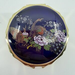 Vintage Japanese Satsuma Style Peacock Porcelain Makeup Powder Compact Mirror